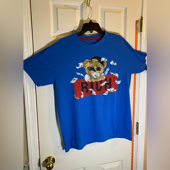 “Rich” Money Teddy Bear Tee Men’s Sz L Blue Graphic T-Shirt ONE BRAND MSRP $26 - Picture 1 of 7